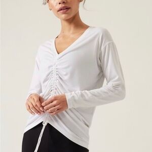Athleta White Long Sleeve Ruched V-Neck Top